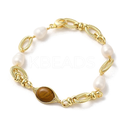 Oval Natural Tiger Eye & Pearl Link Bracelets BJEW-C051-48G-1