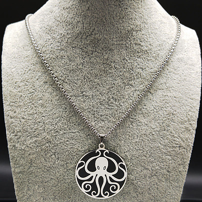 201 Stainless Steel Black Enamel Flat Round with Octopus Pendant Necklaces NJEW-K283-31P-1