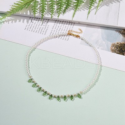 Acrylic Leaf Charm Necklace with Imitation Pearl Beaded for Women NJEW-JN04138-1