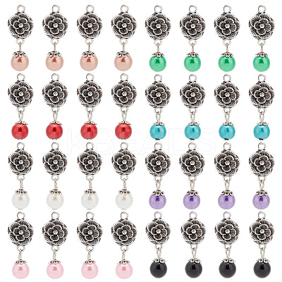 Glass Pearl & ABS Plastic Imitation Pearl Round Pendants and Tibetan Style Findings FIND-PH0008-86-1