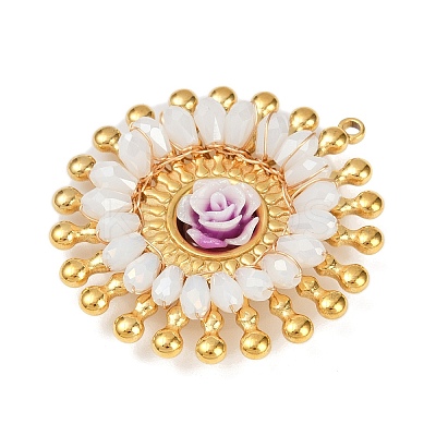 304 Stainless Steel and Resin Flower Pendants STAS-R170-03G-03-1