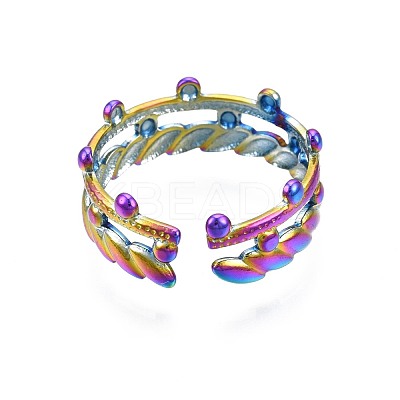 304 Stainless Steel Olive Leaf Wrap Cuff Ring RJEW-N038-092-1