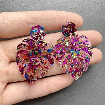 Leaf Acrylic Paillette Dangle Stud Earrings FS-WG5D05C-04-1