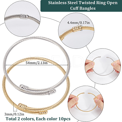 20Pcs 2 Colors Stainless Steel Twisted Ring Open Cuff Bangles BJEW-SC0001-33-1