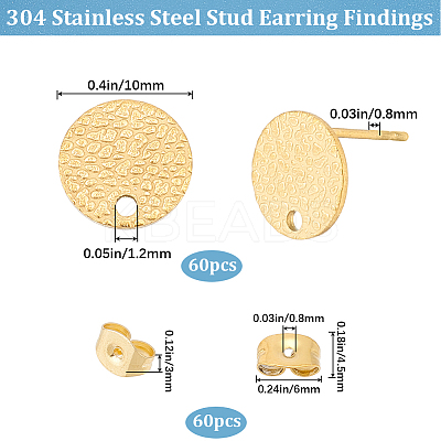 60Pcs Textured Flat Round Ion Plating(IP) 304 Stainless Steel Ear Stud Findings STAS-SP0001-45-1