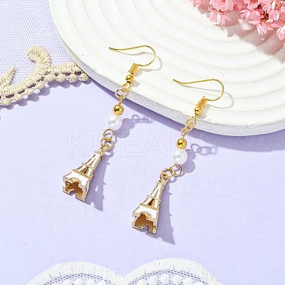 Alloy Enamel Eiffel Tower Dangle Earrings with Imitation Pearl Beaded EJEW-JE05422-03-1