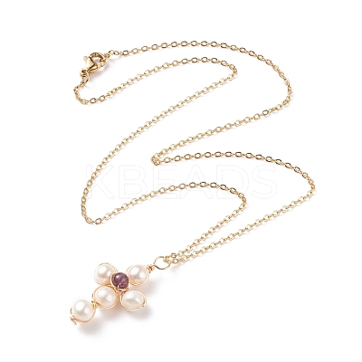Natural Amethyst & Pearl Braided Cross Pendant Necklace NJEW-JN03920-01-1