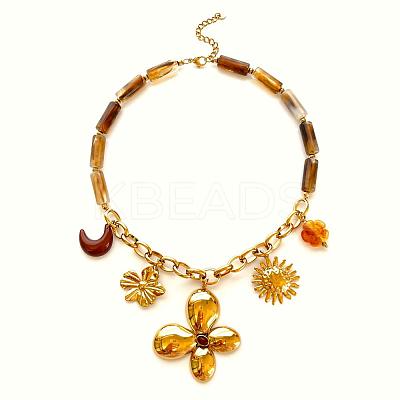 316L Surgical Stainless Steel & Resin Flower Moon Sun Pendant Bib Necklaces for Women WG4E0E9-01-1