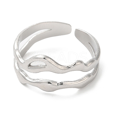 Non-Tarnish 304 Stainless Steel Hollow Wave Open Cuff Ring for Women RJEW-I098-03P-1