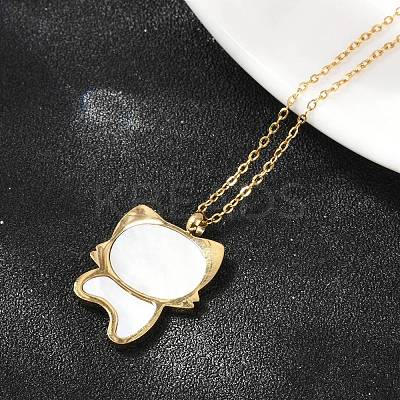 304 Stainless Steel Pave Natural White Shell Cute Cat Shaped Pendant Necklaces for Women NJEW-F339-01G-1