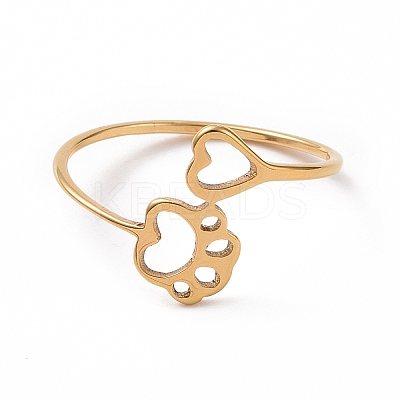 Ion Plating(IP) 201 Stainless Steel Paw Print and Heart Finger Ring RJEW-J051-27G-1