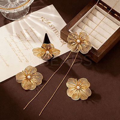 Flower Alloy Plastic Pearl Stud Earrings & Pendant Lariat Necklaces & Rings Sets for Women WG42618-01-1