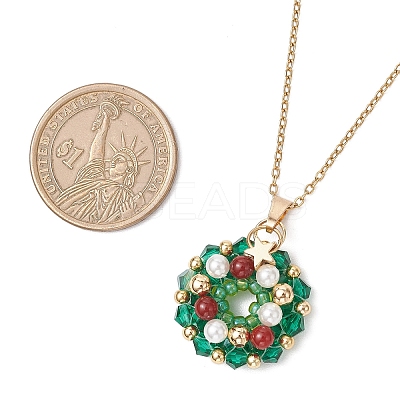 Natural Carnelian & Bicone Glass & Shell Pearl & Seed Beads Christmas Wreath Pendant 304 Stainless Steel Cable Chain Necklaces for Women NJEW-MZ00122-1