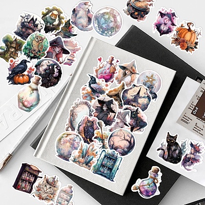 50Pcs Halloween Witch Theme PVC Self-adhesive Cartoon Stickers X-STIC-PW0015-01-1