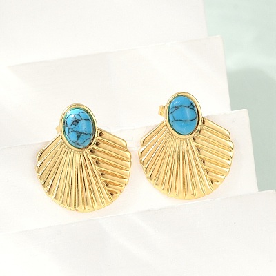 Fan 304 Stainless Steel Synthetic Turquoise Stud Earrings for Women EJEW-U046-17A-G-1