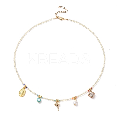 Virgin Mary & Tree & Evil Eye Alloy & Brass Pendant Necklace with Glass Seed Beaded Chains for Women NJEW-JN04289-1