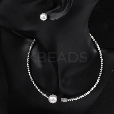 Round Plastic Imitation Pearl Stud Earrings & Rectangle Cubic Zirconia Rhinestone Cuff Choker Necklaces Sets SJEW-U003-06P-1