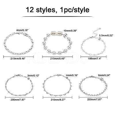 12Pcs 12 Style 304 Stainless Steel Chain Bracelets BJEW-DC0001-02-1