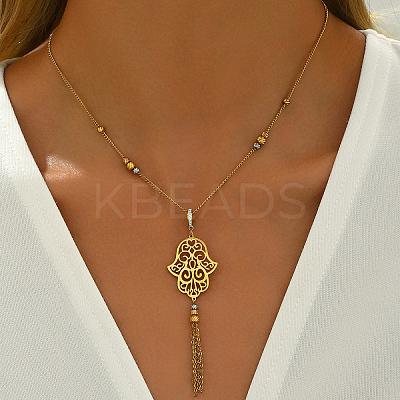 Bohemian Vintage Stainless Steel Crystal Rhinestone Geometric Hollow Flower Tassel Necklaces for Women AK3514-1