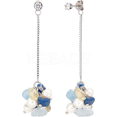 1 Pairs Natural Mixed Gemstone Chips & Pearl & Cubic Zirconia Cluster Dangle Stud Earrings EJEW-UN0002-26-1
