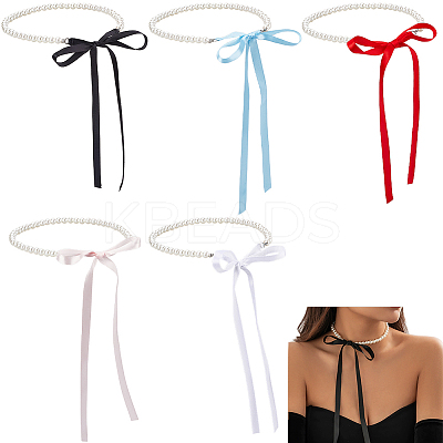 5Pcs 5 Colors ABS Plastic Pearl Round Beaded with Polyester Cord Pendant Necklaces for Women NJEW-CY0001-03-1