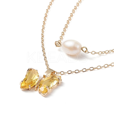 Glass Butterfly & Natural Pearl Pendants Double Layer Necklace with Clear Cubic Zirconia NJEW-TA00043-04-1