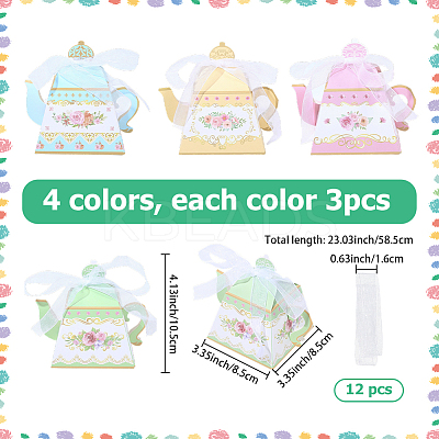 12Pcs 4 Colors Flower Printed 3D Teapot Shaped Paper Candy Gift Boxes with Ribbon DIY-SP0006-39-1