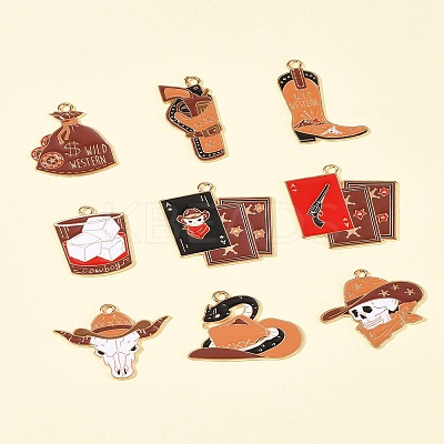 18Pcs 9 Styles Western Cowboy Hat Boots Money Bag Skull Alloy Enamel Pendants FIND-FS0003-91-1