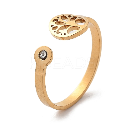 304 Stainless Steel Rhinestone Open Cuff Ring for Women LS-RJEW-F169-01G-07-1