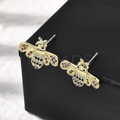 Brass Colorful Cubic Zirconia Bees Stud Earrings EJEW-L261-017G-1
