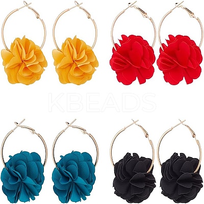 4 Pairs 4 Colors 3D Flower Cloth Hoop Earrings EJEW-AN0003-69-1