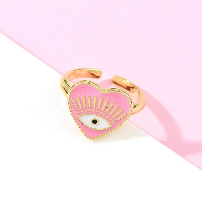 Pink Color Enamel Heart with Eye Open Cuff Ring RJEW-F135-08G-1