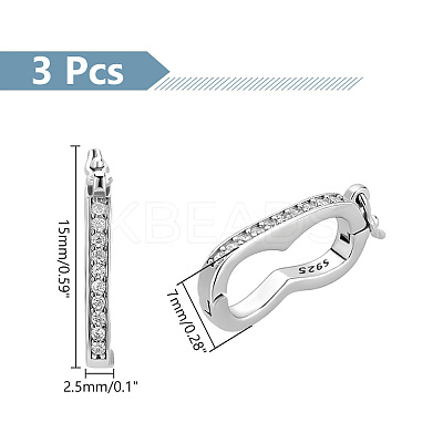 Anti-Tarnish 3Pcs Sterling Silver Cubic Zirconia Twister Clasps STER-PH0001-58-1