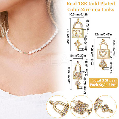 6Pcs 3 Styles Brass Micro Pave Clear Cubic Zirconia Connector Charms KK-BBC0002-94-1