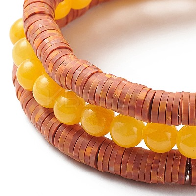 3Pcs 3 Style Natural Dyed Yellow Jade & Acrylic Word Love Beaded Stretch Bracelets Set with Alloy Enamel Heart Charms BJEW-JB08924-03-1