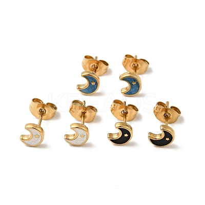 Ion Plating(IP) Enamel Crescent Moon with Star Stud Earrings with 316 Surgical Stainless Steel Pins EJEW-A081-05G-1