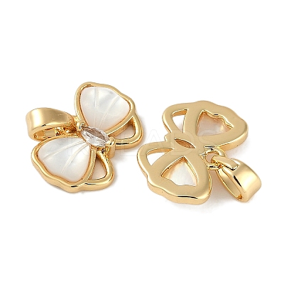 Brass Clear Cubic Zirconia Pave Natural Shell Bowknot Charms KK-P283-09G-1