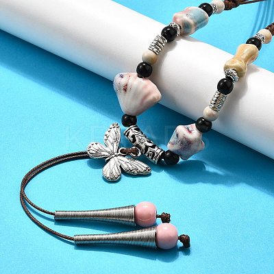 Ethnic Style Alloy & Porcelain Ceramic Beads Butterfly Pendant Tassel Y Necklaces NJEW-D308-01C-1