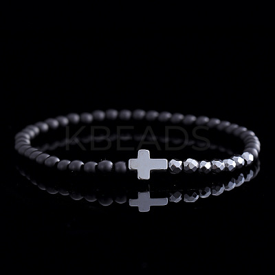 Synthetic Non-magnetic Hematite Cross & Black Stone Round Beaded Stretch Bracelets for Men ZI4844-1