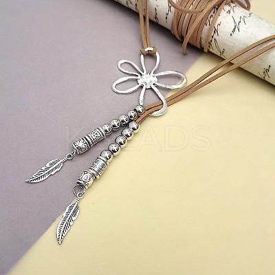 Hollow Flower Bohemian Style Alloy Pendant Camel Faux Suede Cord Lariat Necklaces for Women FS-WGF2926-01-1