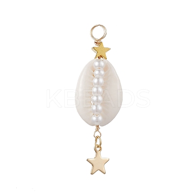 3Pcs 3 Styles Natural Cowrie Shell  Copper Wire Wrapped Glass Pearl Pendants PALLOY-JF03503-1