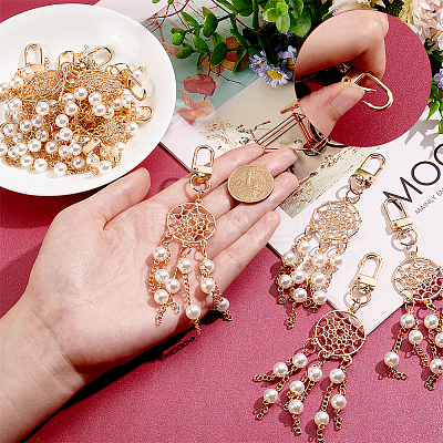 12Pcs Alloy Woven Web/Net with ABS Imitation Pearl Bead Tassel Pendant Decoration HJEW-NB0001-70-1