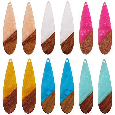 12Pcs 6 Colors Transparent Resin & Walnut Wood Big Pendants RESI-TA0003-45-1