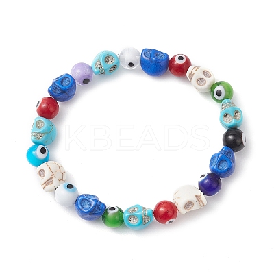 Halloween Dyed Synthetic Turquoise Skull & Lampwork Evil Eye Round Beaded Stretch Bracelets for Women Men BJEW-JB12268-03-1