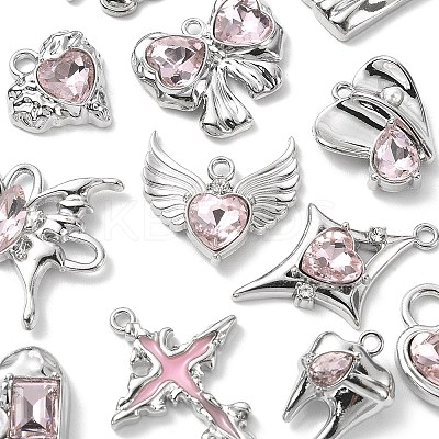 12Pcs 12 Style Rack Plating Alloy with Pink Glass Pendants FIND-YW0003-35-1