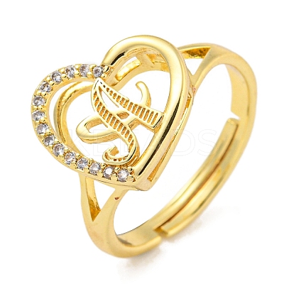 Heart with Letter Rack Plating Brass Micro Pave Cubic Zirconia Adjustable Rings for Women RJEW-I105-06G-A-1