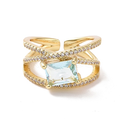 Cubic Zirconia Rectangle Open Cuff Ring RJEW-P035-02G-1