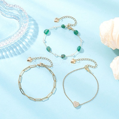 304 Stainless Steel Heart & Dyed Natural Green Agate Nuggets Link Chain 3 Layer Stackable Necklaces BJEW-JB12459-01-1