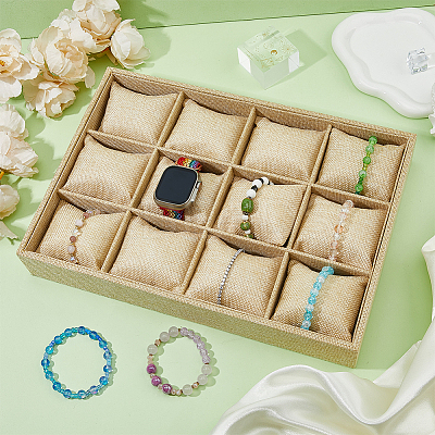 12 Slots Wooden Covered with Linen Bracelet & Bangle & Watch Display Trays BDIS-WH0008-12-1