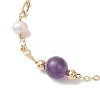 Round Natural Gemstone & Shell Pearl Beads Link Bracelets BJEW-JB12812-1